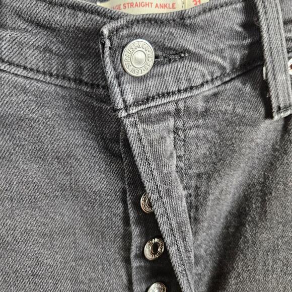 Levi's Ribcage Stright Ankle Jeans 31 Washed Black Button Fly High Rise - Picture 3 of 8